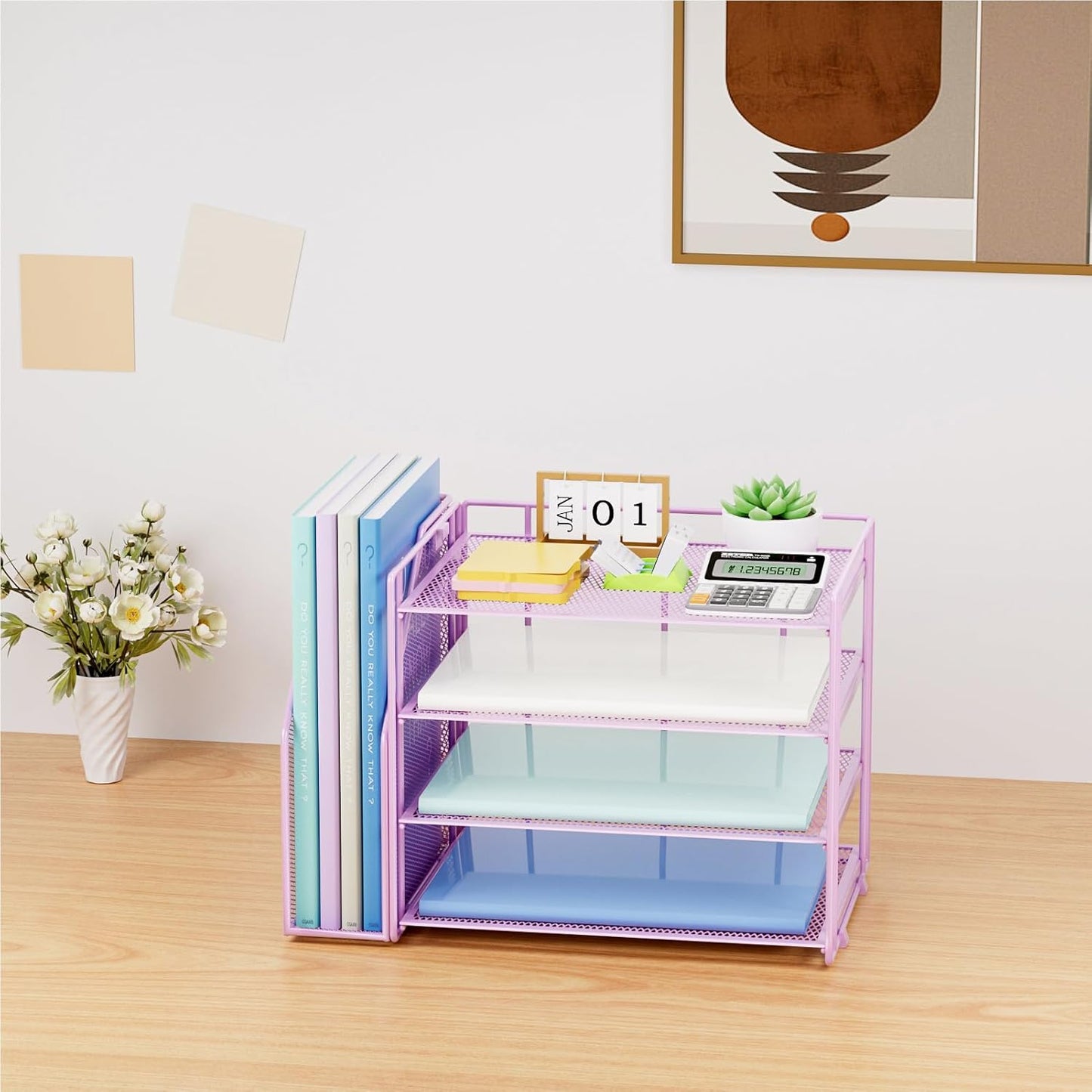 Marbrasse Desk Organizer and Accessories，4-Tier Paper Letter Tray Organizer with File Holder，Desk Accessories & Workspace Desktop Organizers for School Home Office Supplies (Blue)