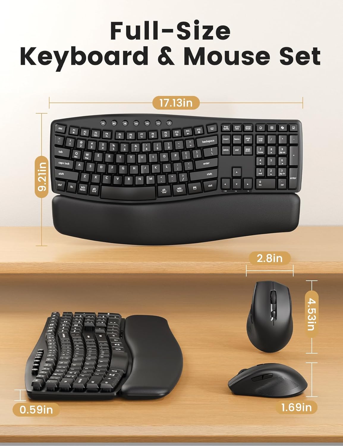 Wireless Keyboard and Mouse Combo, SABLUTE MA41 30dB Quiet Ergonomic Wave Keyboard Set with Soft Leather Palm Rest, Dual-System Switch for Windows/Mac, Ideal for Business Teams Home Office