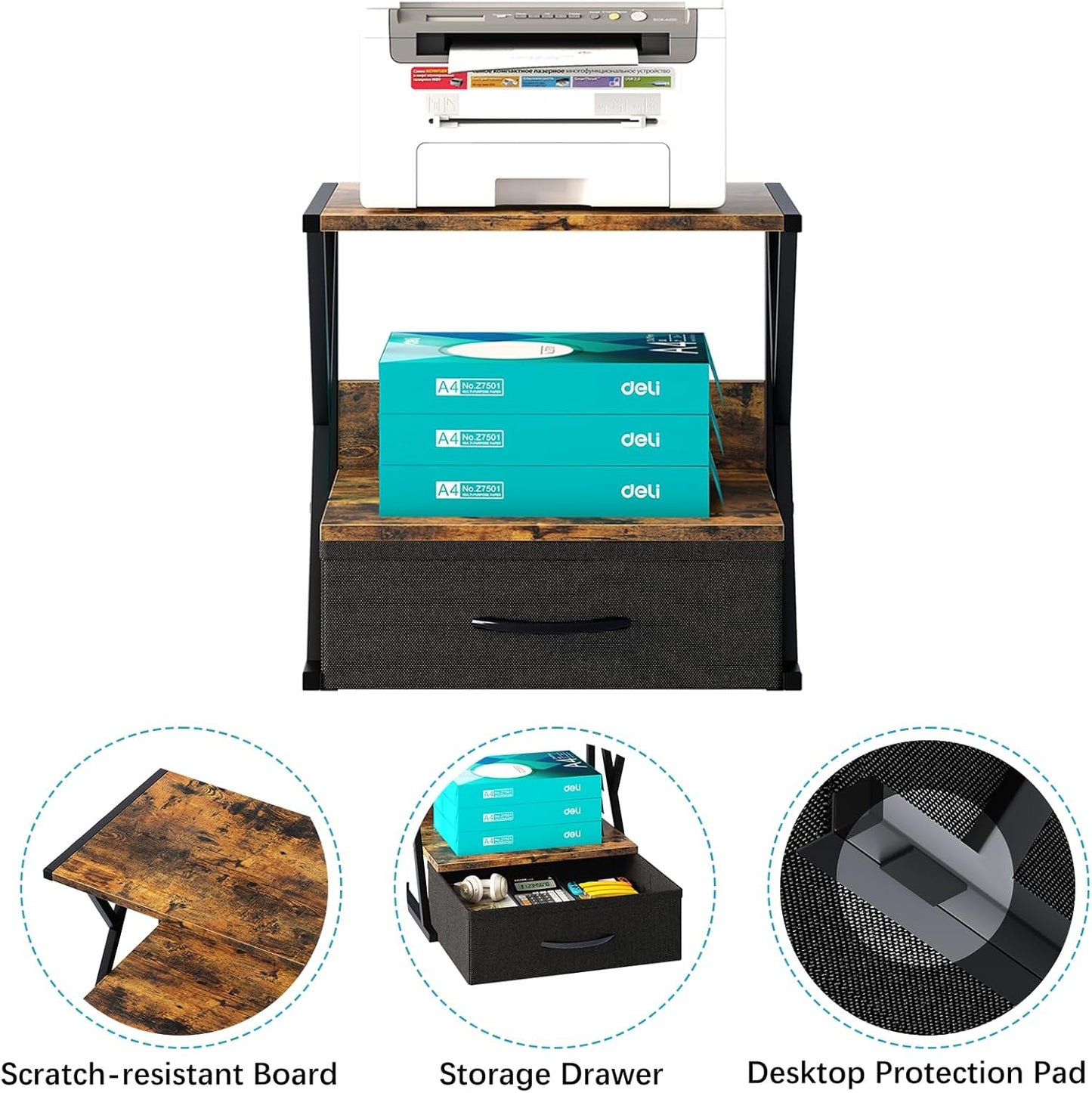 aboxoo Printer Stand for Desk with Storage Drawer, 2 Tier Desktop Or UnderDesk Shelf, Multi-Purpose Desk Organizer for Home Office, fit Fax Machine/3D Printer/Scanner, Rustic Brown