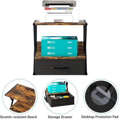 aboxoo Printer Stand for Desk with Storage Drawer, 2 Tier Desktop Or UnderDesk Shelf, Multi-Purpose Desk Organizer for Home Office, fit Fax Machine/3D Printer/Scanner, Rustic Brown