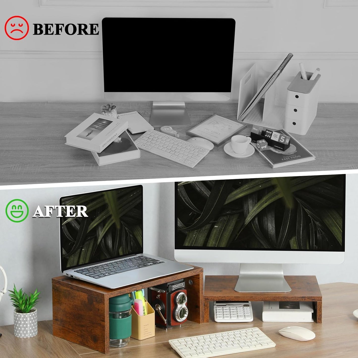 TEAMIX Adjustable White Monitor Stand Riser - 2 Pack, Wood 2 Tier Adjustable Stand for 2 Monitors/Laptop/PC