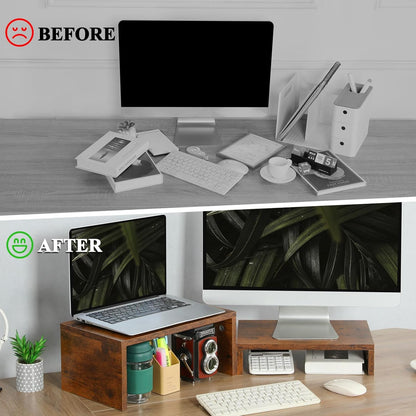 TEAMIX Adjustable White Monitor Stand Riser - 2 Pack, Wood 2 Tier Adjustable Stand for 2 Monitors/Laptop/PC