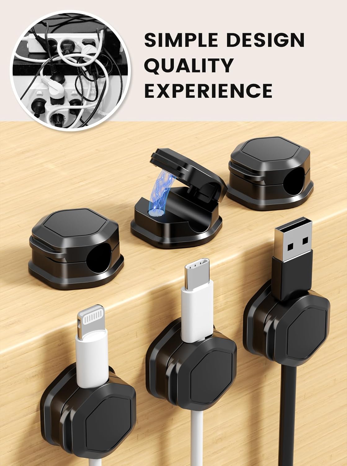 6 Pack Magnetic Cable Clips, Cable Smooth Adjustable Cord Organizer Holder, Hide Phone Charging Cable Keeper, Strong Adhesive Wire Charger Holder for Nightstand, Desk, Car, Office Supplies