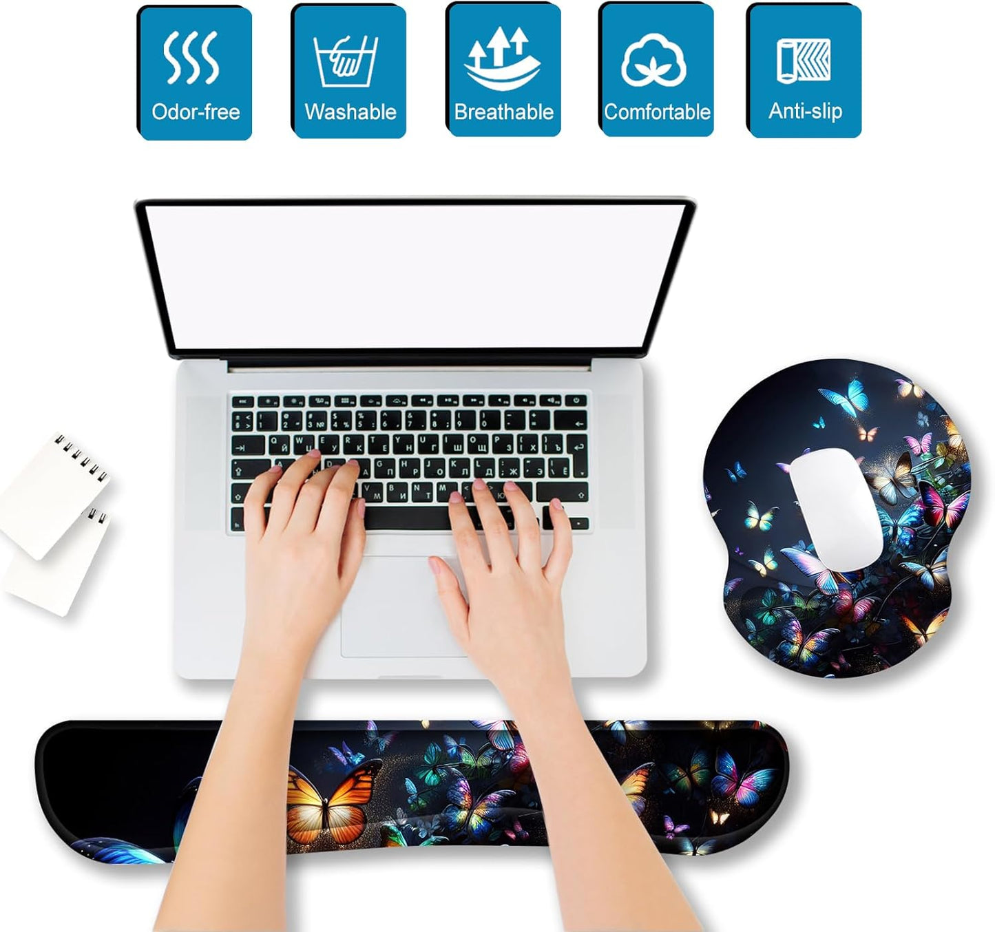 ArtSo Upgraded Wrist Rest Support for Mouse Pad & Keyboard, Ergonomic Gel Mousepad Non-Slip Rubber Base Home,Office Pain Relief, Easy Typing Cushion Neoprene, Soft Memory Foam, Purple Heart Butterfly