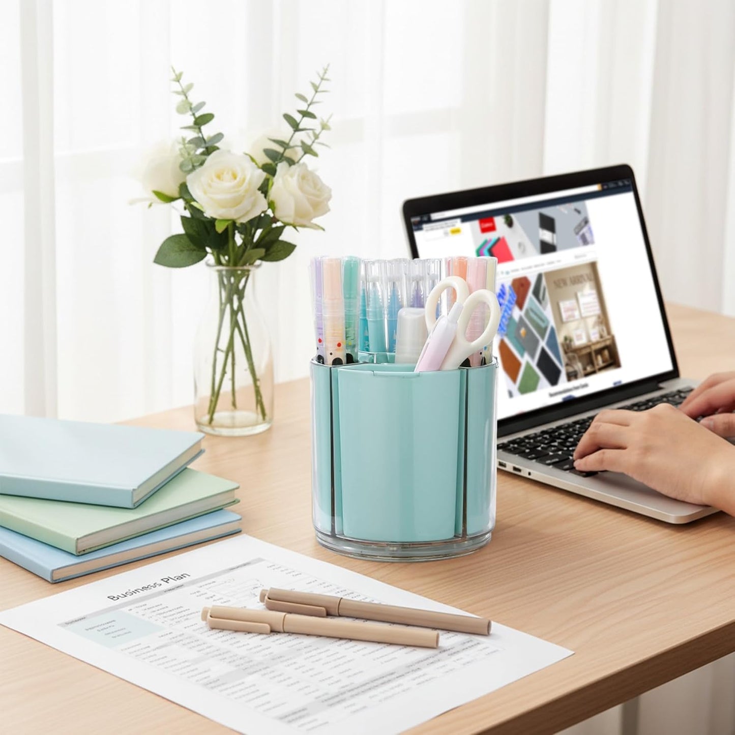 Comix 360° Rotating Pen Holder for Desk, Cute Pencil Holder Pen Organizer, Beige Acrylic Pencil Cup Caddy with 5 Slots for Home School Office Supplies