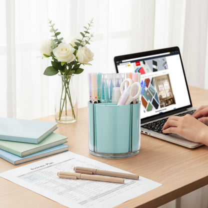 Comix 360° Rotating Pen Holder for Desk, Cute Pencil Holder Pen Organizer, Beige Acrylic Pencil Cup Caddy with 5 Slots for Home School Office Supplies