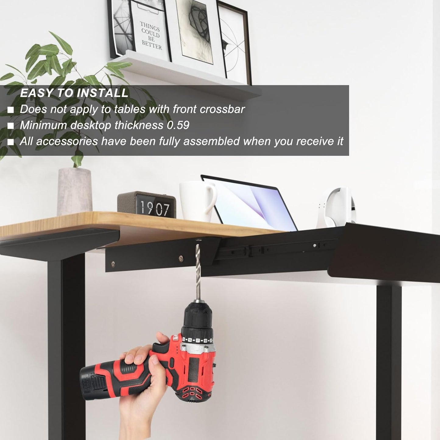 Under Desk Mounted Sliding Drawer with 60 Degree Tilt Panel to Pull Out, 15'' Long & 9'' deep Large Storage Organizer for Sit Stand Workstation