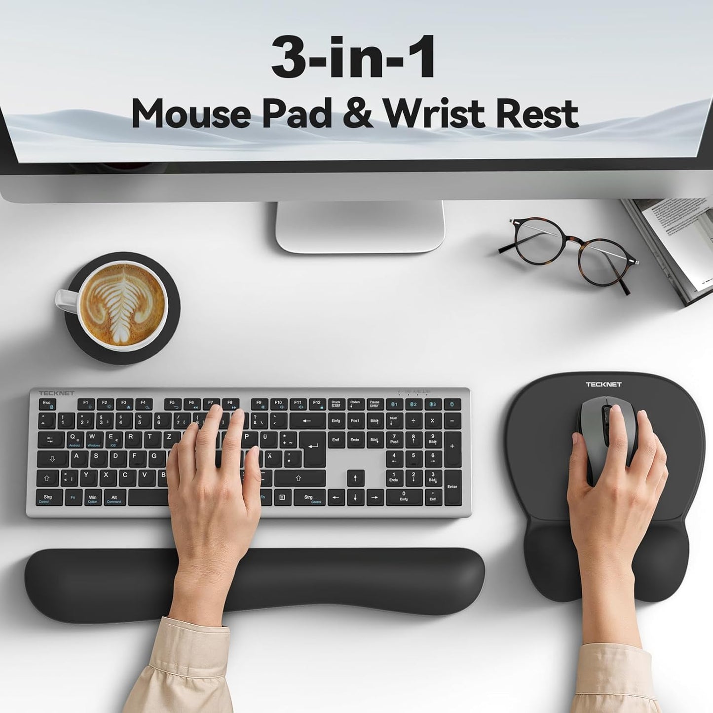 TECKNET Gel Mouse Pad with Wrist Rest, 3 in 1 Keyboard Wrist Rest for Pain Relief, Non-Slip PU Base & Easy Typing, Ergonomic Mousepad Set for Office & Home（Black）
