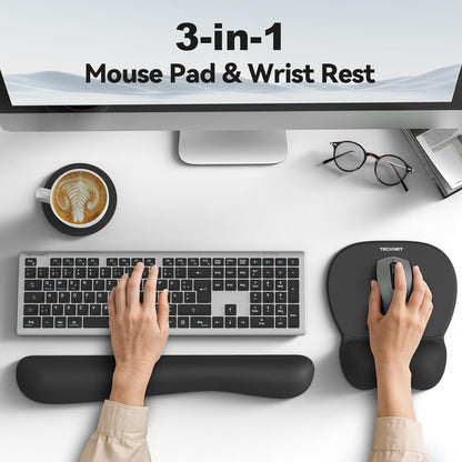 TECKNET Gel Mouse Pad with Wrist Rest, 3 in 1 Keyboard Wrist Rest for Pain Relief, Non-Slip PU Base & Easy Typing, Ergonomic Mousepad Set for Office & Home（Black）