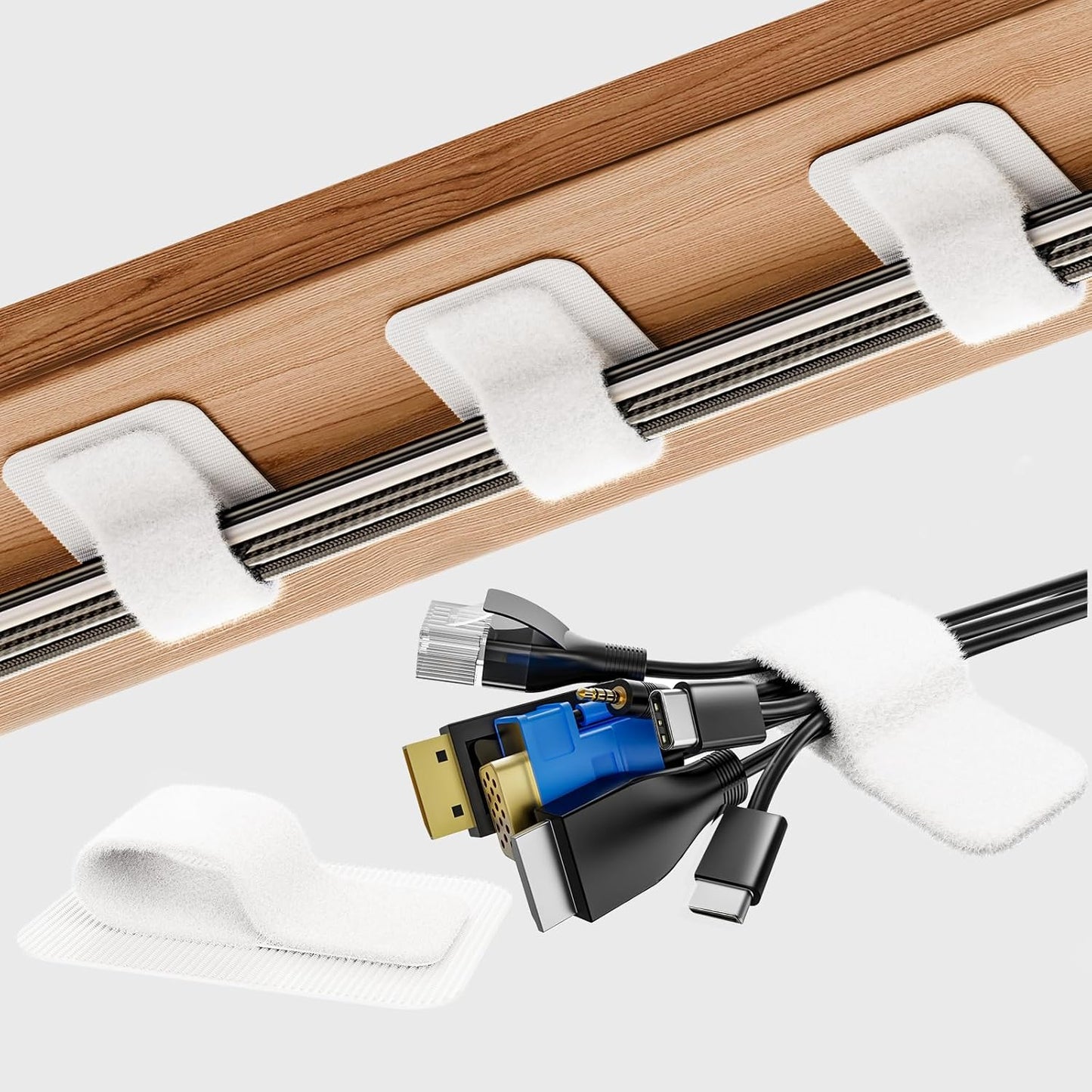Cable Management Under Desk, 【Up to 15 Cord】【Enhanced Wire Holder】 Cord Organizer, Adjustable Hook and Loop Cable Ties, Home Office Essentials, Cable Hider Clips Under Table, 20 Pair