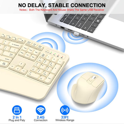 Wireless Keyboard and Mouse Combo, 2.4G Full Size Wave Keys Ergonomic Keyboard with Wrist Rest and 3-Level DPI Adjustable Wireless Ergonomic Mouse for Windows, Mac OS Desktop/Laptop/PC(Black)