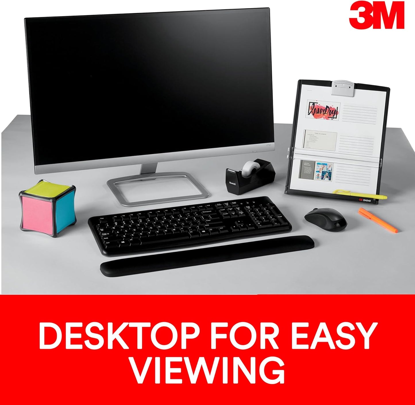 3M Desktop Document Holder Copy Holder, Adjustable Clip Holds Portrait and Landscape Documents for Easy Viewing, Bottom Ledge Has Lip to Keep up to 150 Sheets Securely in Place, Black (DH340MB)