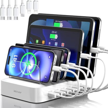 MSTJRY Charging Station for Multiple Devices : 6 Port USB Charger Stations - Family Multi-Device Organizer Charging Dock - Designed for iPhone iPad Android Cell Phone Tablet and Electronic, Black