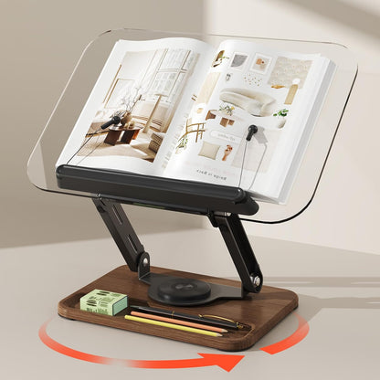 BYMECOST Acrylic Book Stand for Reading, Adjustable Book Holder with 360° Rotating Base & Elastic Page Clips, Foldable Desktop Riser Stand for Cookbook,Laptop,Tablet,Music Scores,Recipe,Textbook