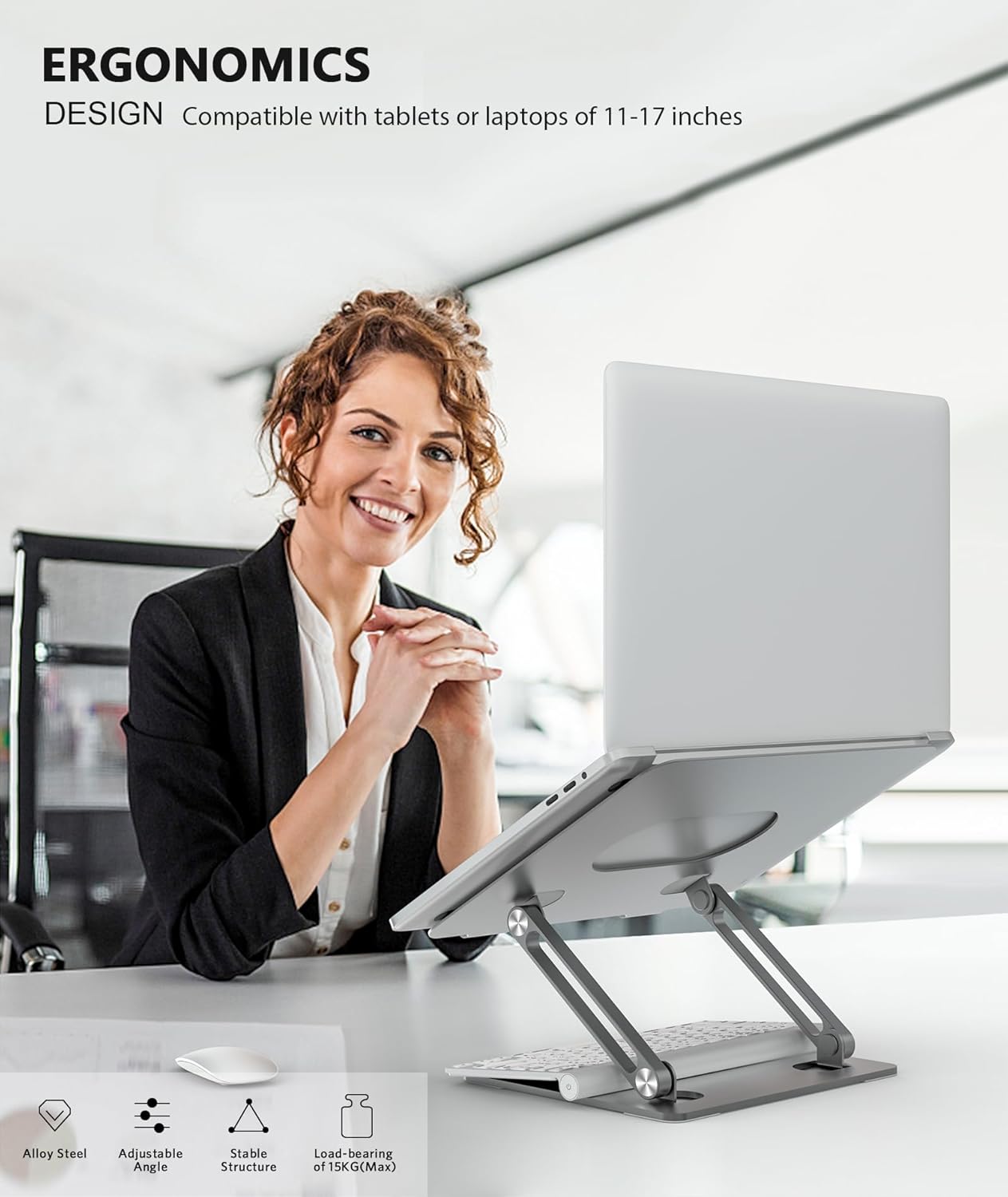 BoYata Laptop Stand, Adjustable Multi-Angle Laptop Holder, Compatible for Laptops up to 17 inches, Sturdy Aluminum & Silicone, Silver