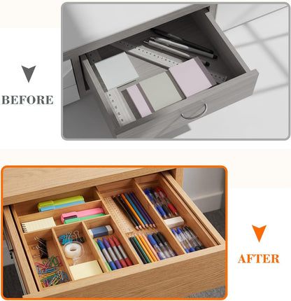 Bamboo Sliding Desk Drawer Organizer 8.2'' up to 16.4'' x 14.4'' x 2.2'' Expandable Office Desk Accessories Supplies Tray with 7 Compartments for Pens, Notebooks, Rulers, and Makeup Jewelry Vanity