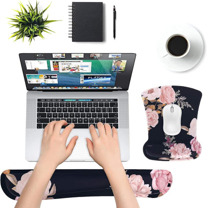 MOSISO Wrist Rest Support for Mouse Pad & Keyboard Set, Peony Ergonomic Mousepad Non-Slip Base Home/Office Pain Relief & Easy Typing Cushion with Neoprene Cloth & Raised Memory Foam, Black