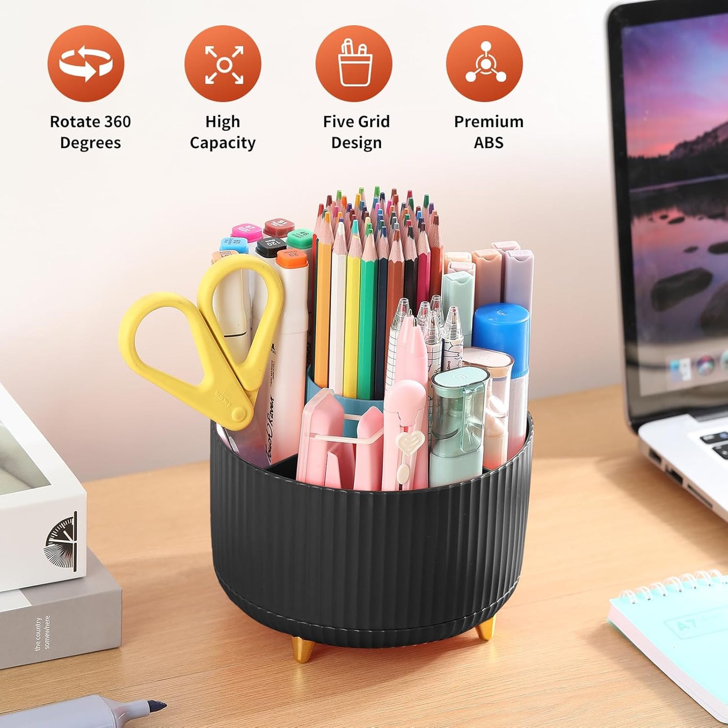 Desk Pencil Pen Holder, 5 Slots 360°Degree Rotating Pen Organizers for Desk, Desktop Storage Stationery Supplies Organizer, Cute Pencil Cup Pot for Office, School, Home, Art Supply, Dark Green