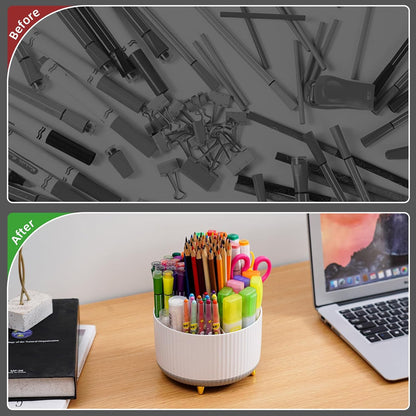 Marbrasse Desk Organizer, 360-Degree Rotating Pen Holder, Desk Organizers and Accessories with 5 Compartments Pencil Holder, Art Supply Storage Box Caddy for Office, Home（White）