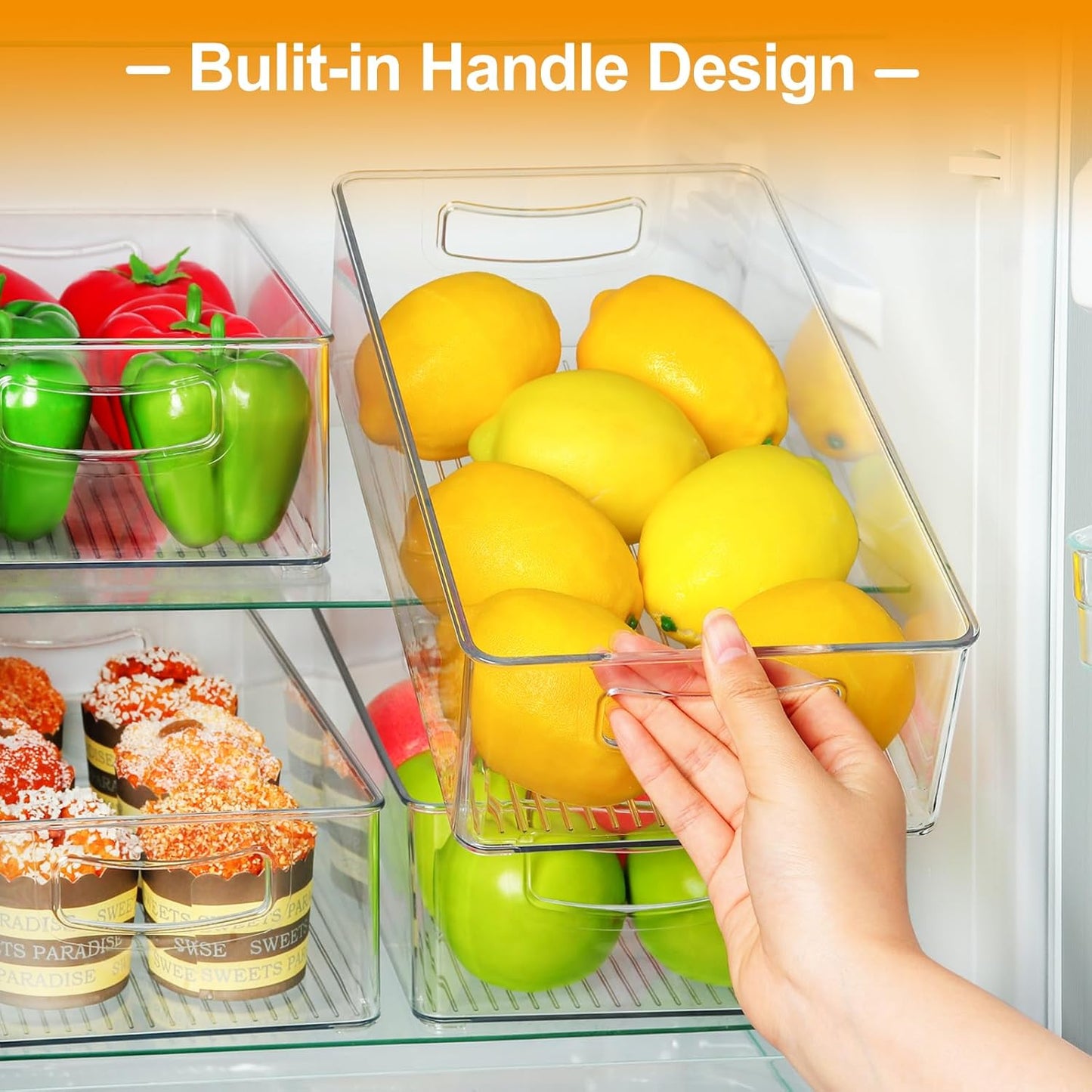 Hudgan 8 Pack Pantry Organizer and Storage, 2 Extra Large Stackable Freezer Organizer Bin, 3 Large Clear Storage Bin and 3 Medium Plastic Container for Home Edit, Kitchen Cabinet, Bathroom Shelf