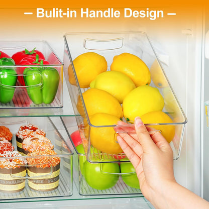 Hudgan 8 Pack Pantry Organizer and Storage, 2 Extra Large Stackable Freezer Organizer Bin, 3 Large Clear Storage Bin and 3 Medium Plastic Container for Home Edit, Kitchen Cabinet, Bathroom Shelf