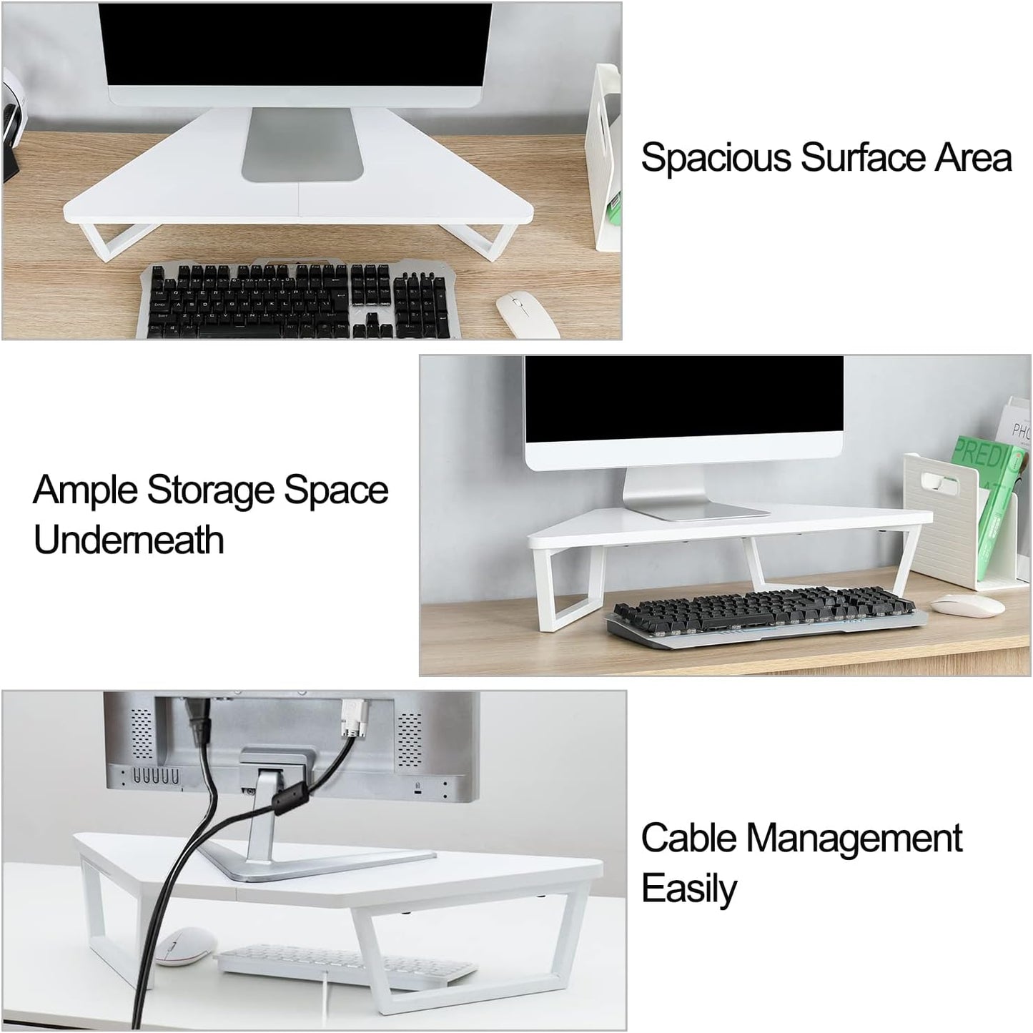 TEAMIX 26 inch Triangle Monitor Stand Riser, Desktop Corner Shelf with Metal Leg Wood Computer Stand with Storage Laptop Riser Office Organization