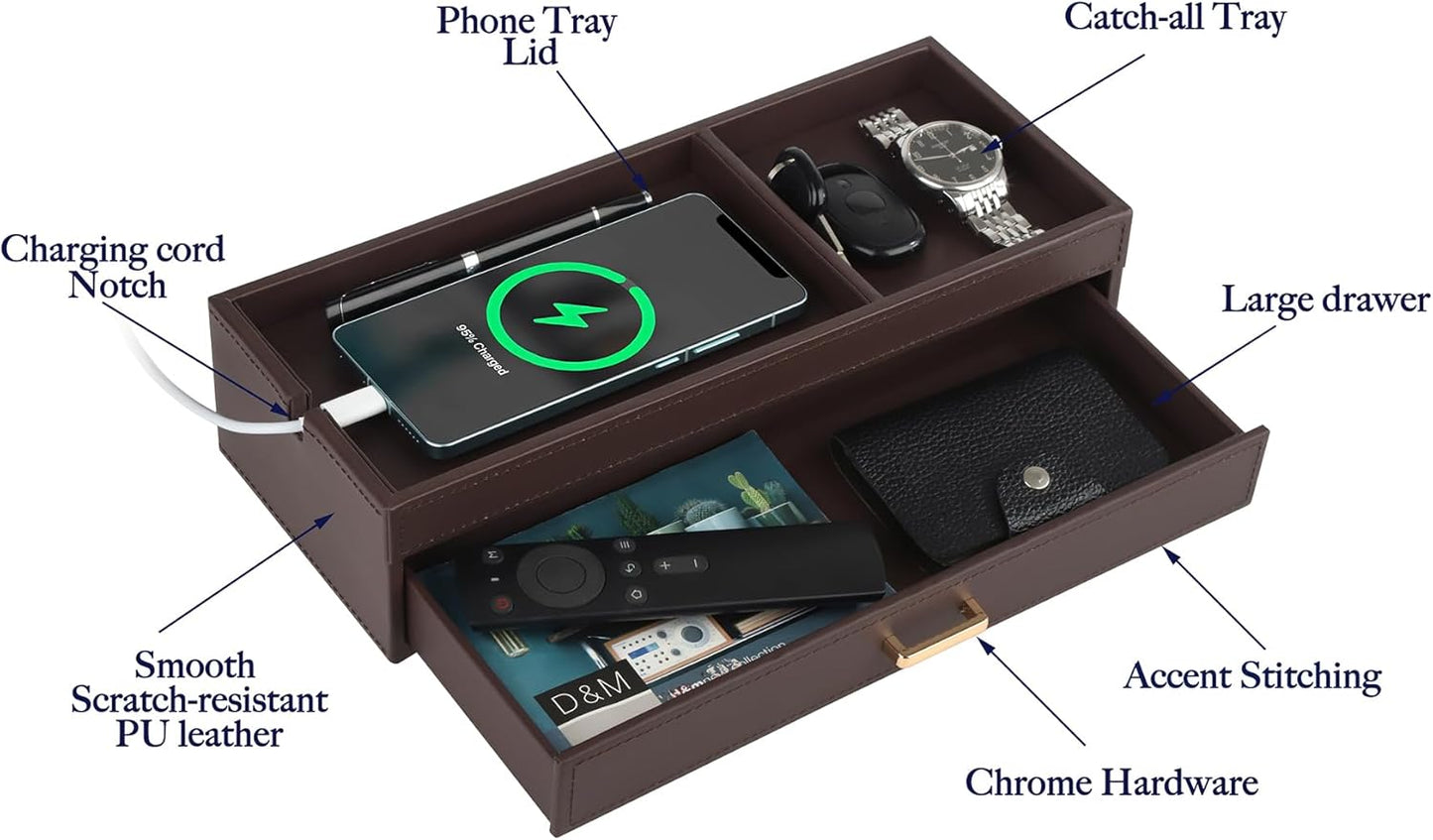HofferRuffer Valet Jewelry Tray Organizer with Drawer, Faux Leather Storage Catchall Box Phone Charging Station Tray with Dresser Nightstand Desktop Drawer Organizer (Black)