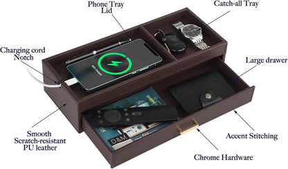HofferRuffer Valet Jewelry Tray Organizer with Drawer, Faux Leather Storage Catchall Box Phone Charging Station Tray with Dresser Nightstand Desktop Drawer Organizer (Black)