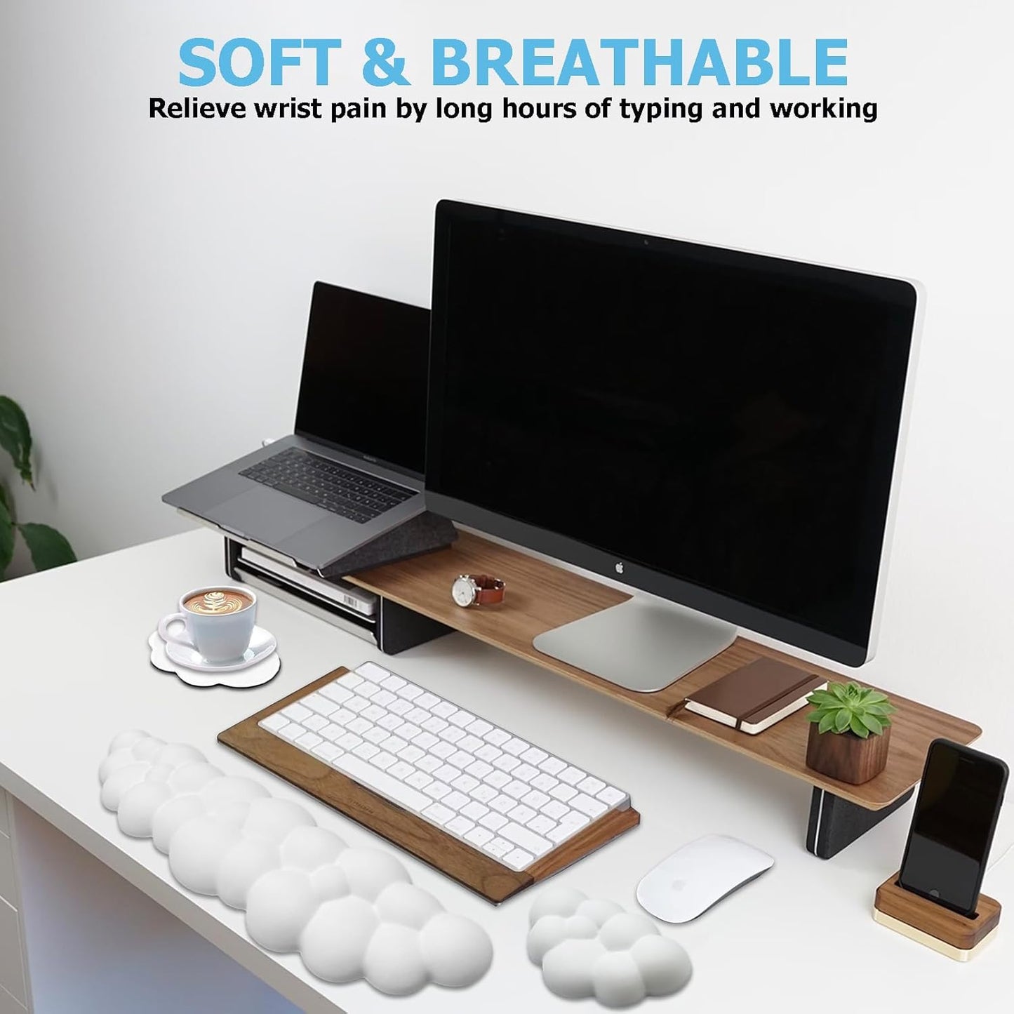 Ergonomic Keyboard Wrist Rest, PU Leather Memory Foam Cloud Wrist Rest for Computer Keyboard, Mouse Wrist Rest and Keyboard Pad for Gaming, Office, Computer, Laptop, Typing Pain Relief, Pastel Pink