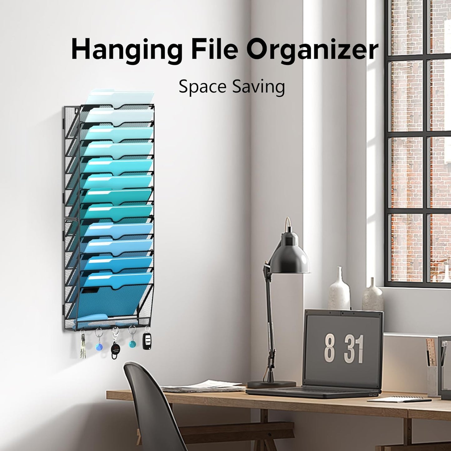 5 Tier Wall File Organizer - Hanging File Organizer with 5 Hooks, Mail Holder Wall Mounted for Papers, Folders, Magazines, Bills, Office&School Organization, Black