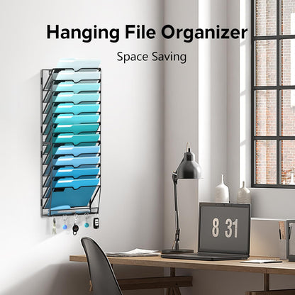 5 Tier Wall File Organizer - Hanging File Organizer with 5 Hooks, Mail Holder Wall Mounted for Papers, Folders, Magazines, Bills, Office&School Organization, Black