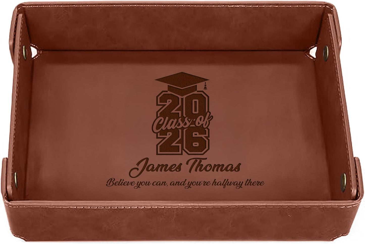 Engraved Leather Valet Tray for Men – Personalized Catchall with Custom Name for Desk, Dresser, Nightstand – Men's Organizer Tray for Keys, Wallet, Jewelry, Personalized Gift for Home, Office - Coffee