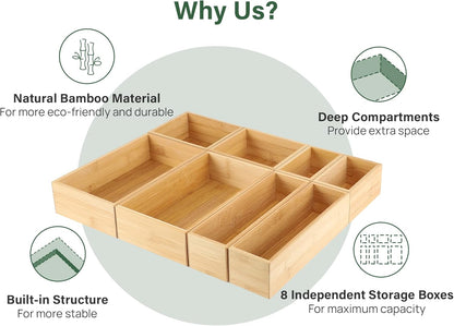 Kootek 6 Pcs Bamboo Drawer Organizer Utensil Tray Kitchen Storage Box 3-Size Versatile Dividers Cutlery Holders Bins Containers for Flatware Kitchen Utensils