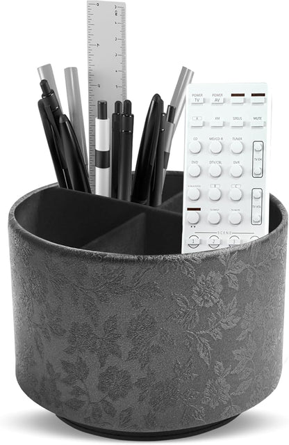 lizimandu Round Leather Art Supply Organizer,Remote Control Holder,360 Degree Spinning,Multi-Functional Pencil Holder,4 Compartments Desktop Stationary Organizer(1-Gold) - Colors B