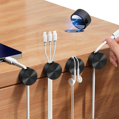 Maveek 5 Pcs Magnetic Cord Holder Cable Management, Strong Cable Clips Magnets Metal Plate, Adhesive Wire Organizers for Nightstand Desktop Wall Kitchen USB LAN (Black)