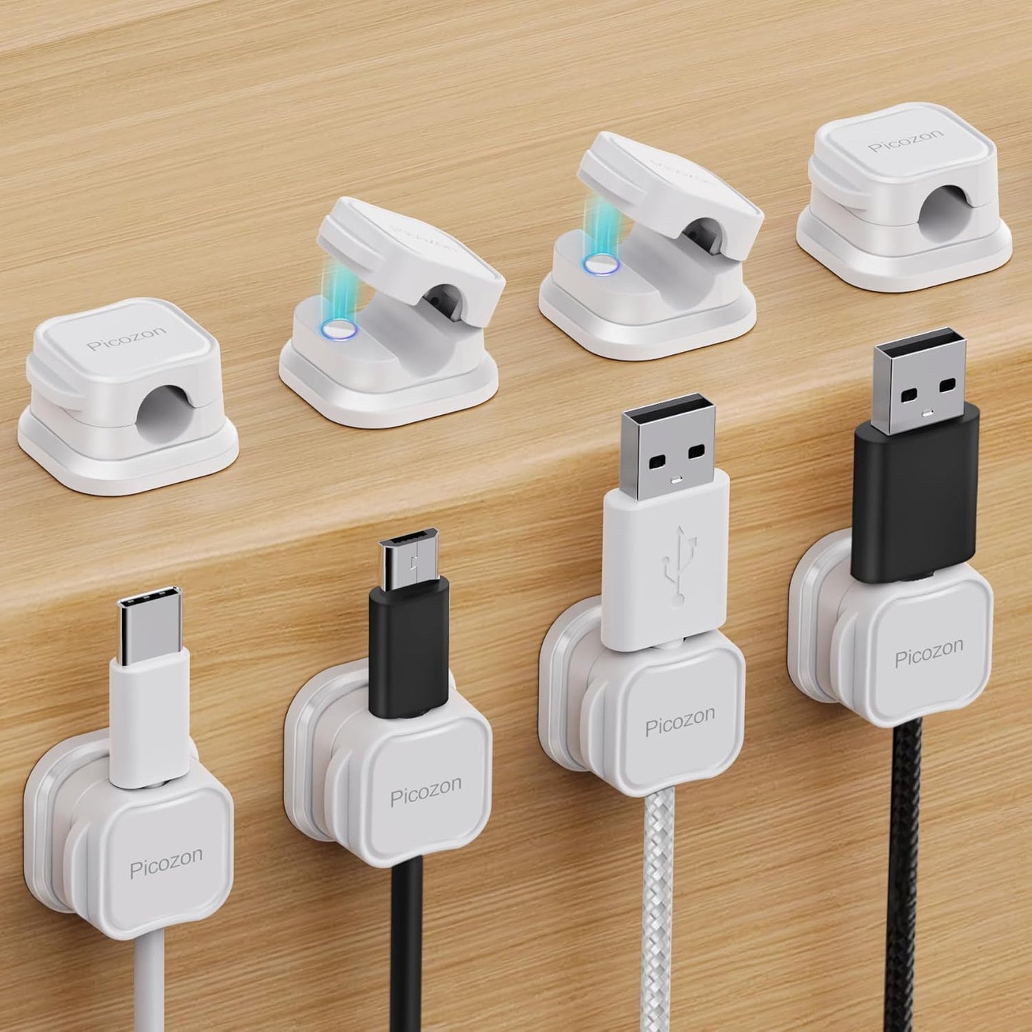 6 Pack Magnetic Cable Clip Organizer Cord Holder, Picozon Adhesive Cable Management, Wire Phone USB Charger Cable Holder, Keeper Organizer for Office Home Desktop Table - White