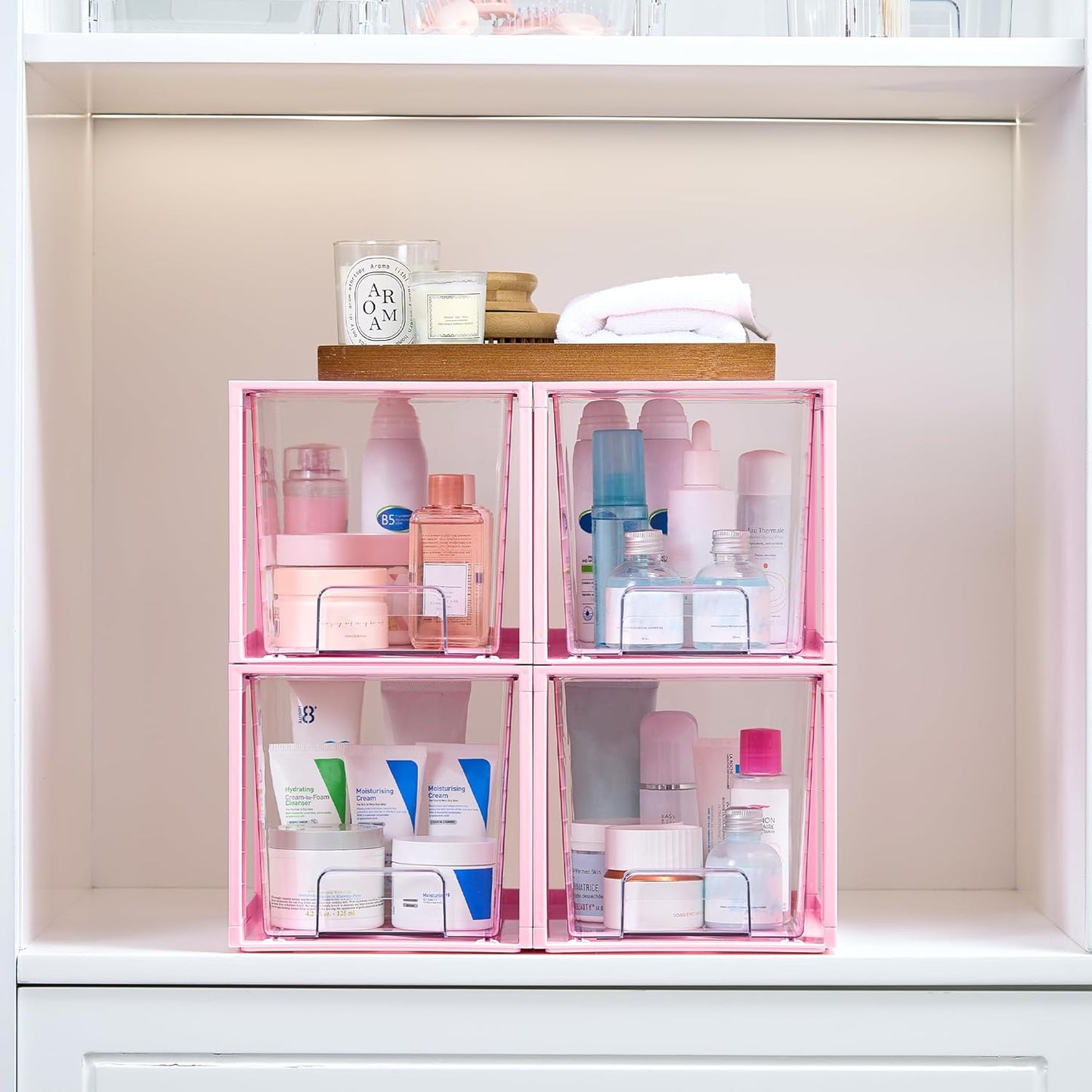 Vtopmart 4 Pack Large Stackable Storage Drawers,Easily Assemble Acrylic Bathroom Closet Undersink Organizers and Storage,Plastic Bins for Kitchen Cabinets,Pantry,Makeup,Medicine Organization