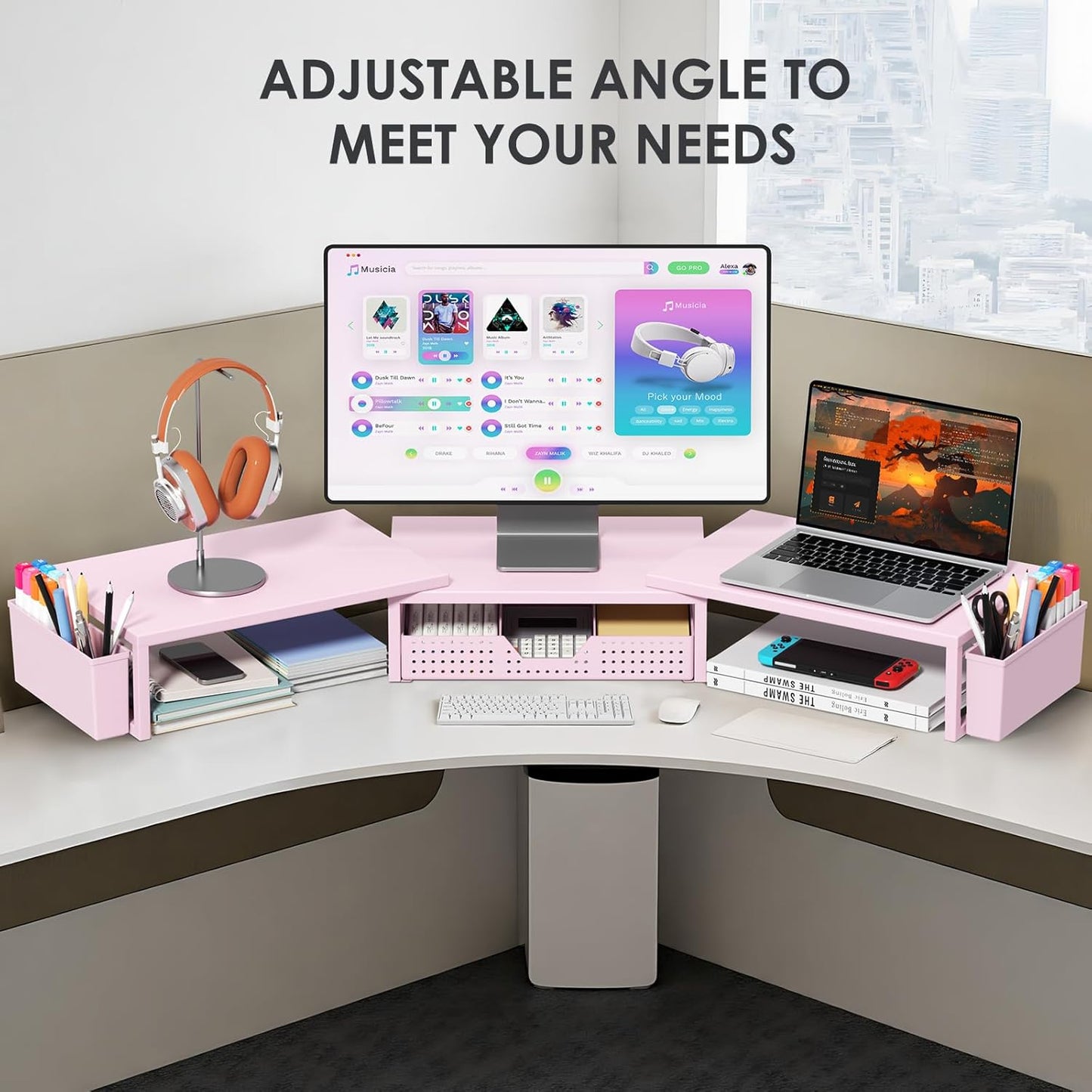 OPNICE Clear Acrylic Desk Organizers and Accessories, Dual Monitor Stand Riser with Drawer, Desk Shelf Computer Racks for Office Workspace Organizers, Desktop Organization (Transparent)