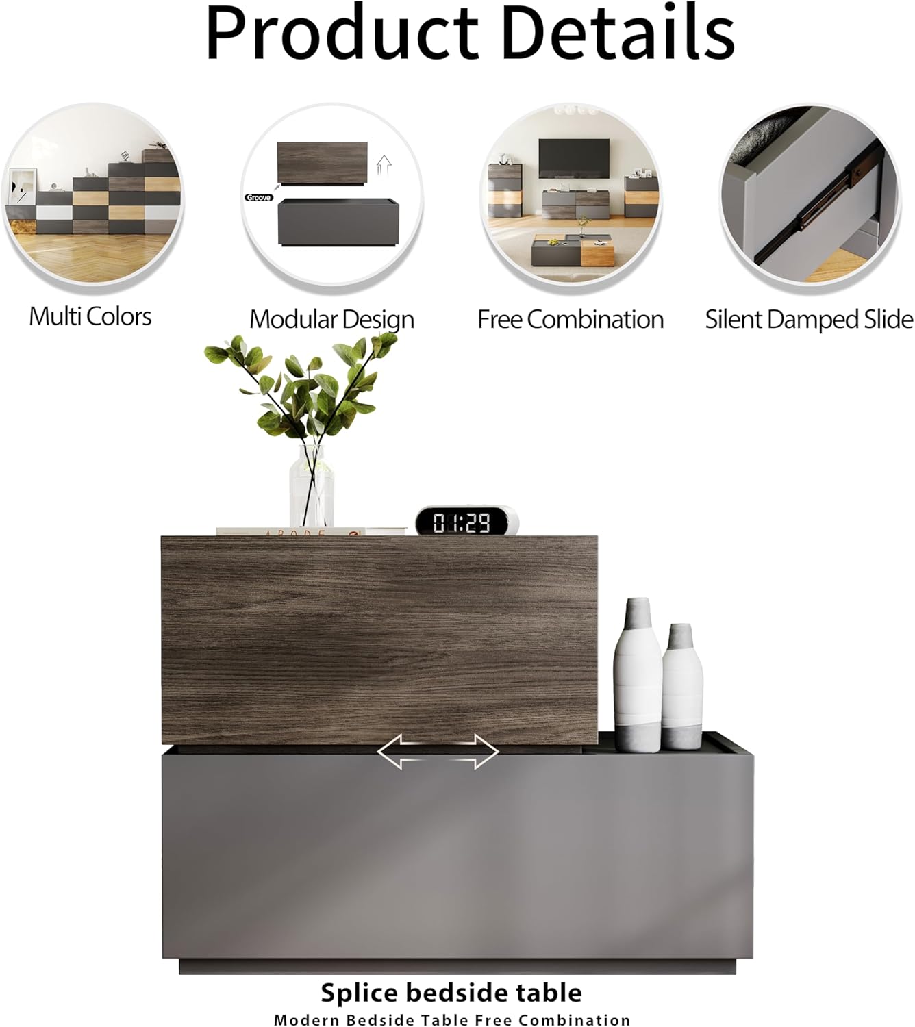 Svimi Modular Stackable Drawers, Modern Nightstand Modular Storage Bins - Storage Cabinet, Bedside Table, Sofa End Table for Living Room Hallway Entryway Grey Small Set 1