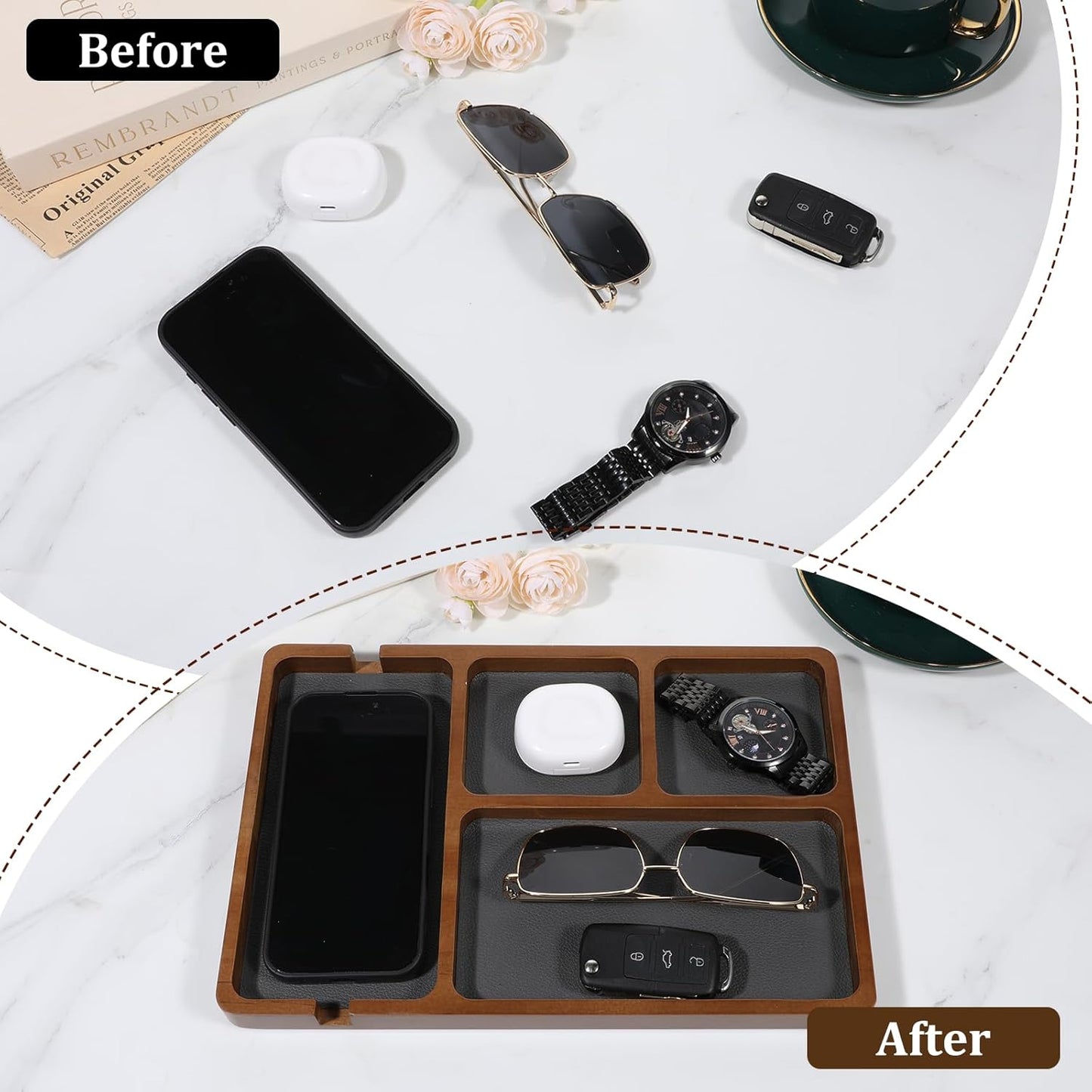 1 Pcs Wooden Valet Tray with Leather Inlay, 11.6 x 7.9 Inch Valet Tray for Men Black Sandalwood Catchall Trays EDC Trays for Nightstand, Desk, Keys, Wallet, Watch, Jewelry, Phone