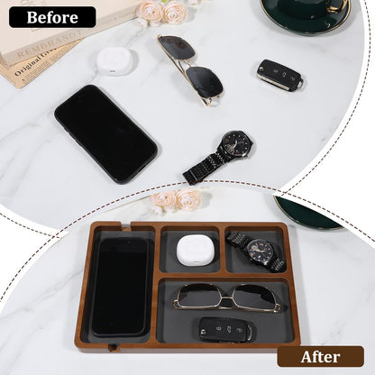 1 Pcs Wooden Valet Tray with Leather Inlay, 11.6 x 7.9 Inch Valet Tray for Men Black Sandalwood Catchall Trays EDC Trays for Nightstand, Desk, Keys, Wallet, Watch, Jewelry, Phone
