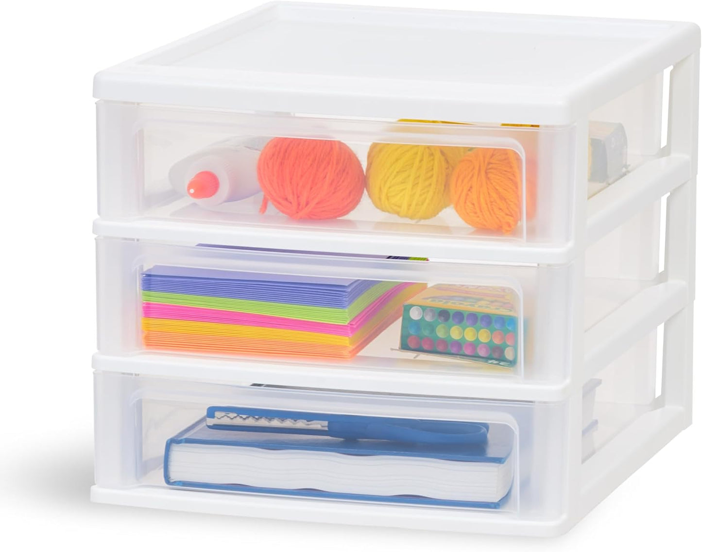 IRIS USA Plastic Stacking Desk Top 3-Drawer Storage Organizer, 2-Pack, for Makeup Vanity Nail Polish Bathroom Stationery Art Craft Supplies Kitchen Office Garage and Small Organization, Small, Black