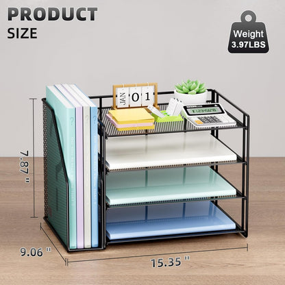 Marbrasse Desk Organizer and Accessories，4-Tier Paper Letter Tray Organizer with File Holder，Desk Accessories & Workspace Desktop Organizers for School Home Office Supplies (Blue)
