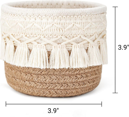 Mkono Macrame Makeup Brush Holder Organizer Comb Brushes Mini Storage Basket Set of 2 Boho Decor Baskets for Pen Pencil Box Container ,Ivory