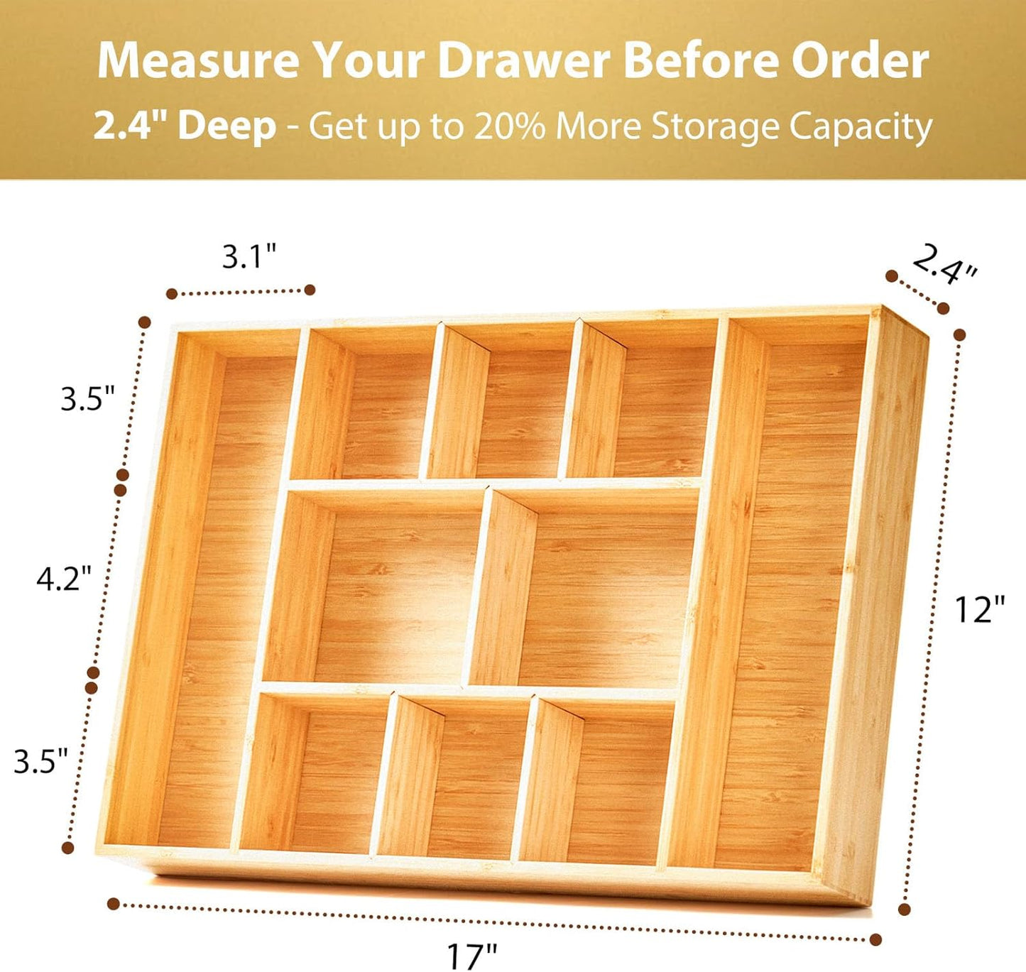 Umilife Bamboo Desk Drawer Organizer, Wood Junk Organizer Tray with Adjustable Dividers, Anti-Skip Storage Organization in Office Bathroom Drawer for Vanity, Makeup, 12" x 9"