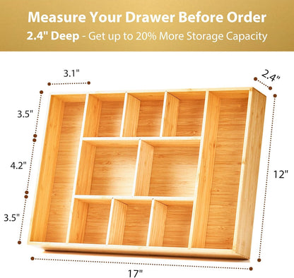 Umilife Bamboo Desk Drawer Organizer, Wood Junk Organizer Tray with Adjustable Dividers, Anti-Skip Storage Organization in Office Bathroom Drawer for Vanity, Makeup, 12" x 9"