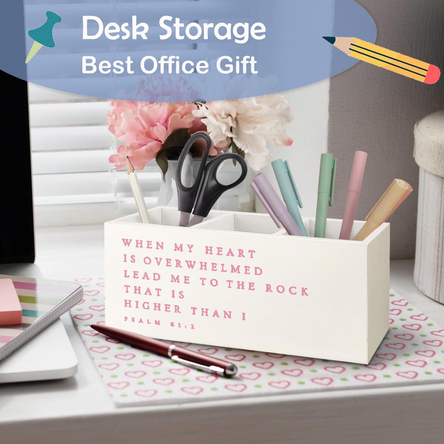 SNNDER Christian Pen Holder for Desk, Religious Christian Gifts for Women, Floral Boho Christian Bible Verses Wooden Pen Pencil Holder Organizer for Home Office Desk Accessories
