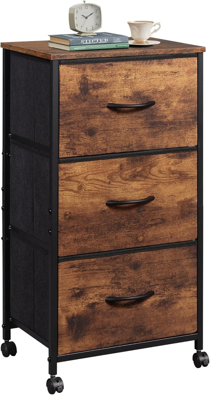 WLIVE Dresser with 3 Drawers, Fabric Nightstand, Cabinet with Wheels, Organizer Storage Dresser for Bedroom, Office, Entryway, Closets, Sturdy Steel Frame, Wood Top, Easy Pull Handle, White