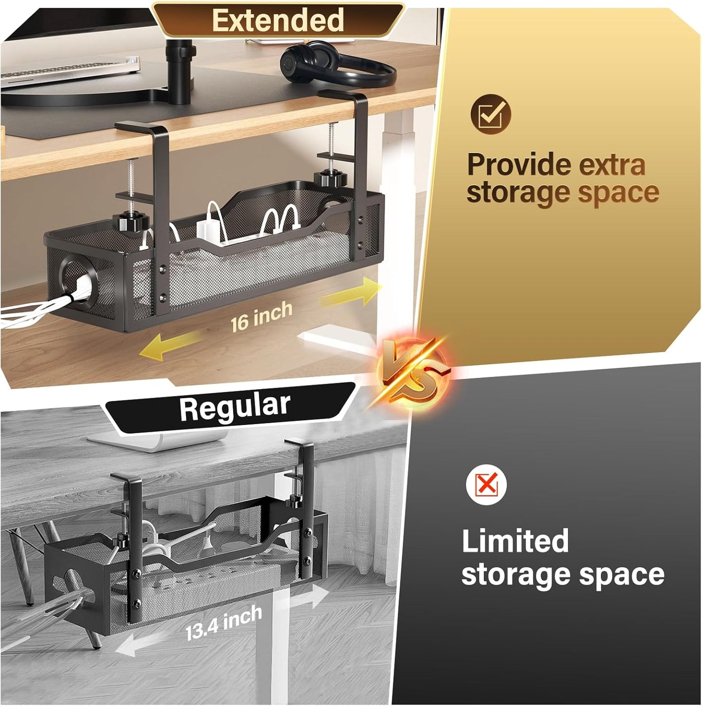Under Desk Cable Management Tray White, Cinati Wire Organizers No Drill, Cable Tray with Clamp for Wire Management, Cord Organization Box for Office, Home - No Damage to Desk