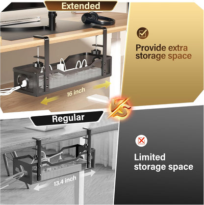 Under Desk Cable Management Tray White, Cinati Wire Organizers No Drill, Cable Tray with Clamp for Wire Management, Cord Organization Box for Office, Home - No Damage to Desk